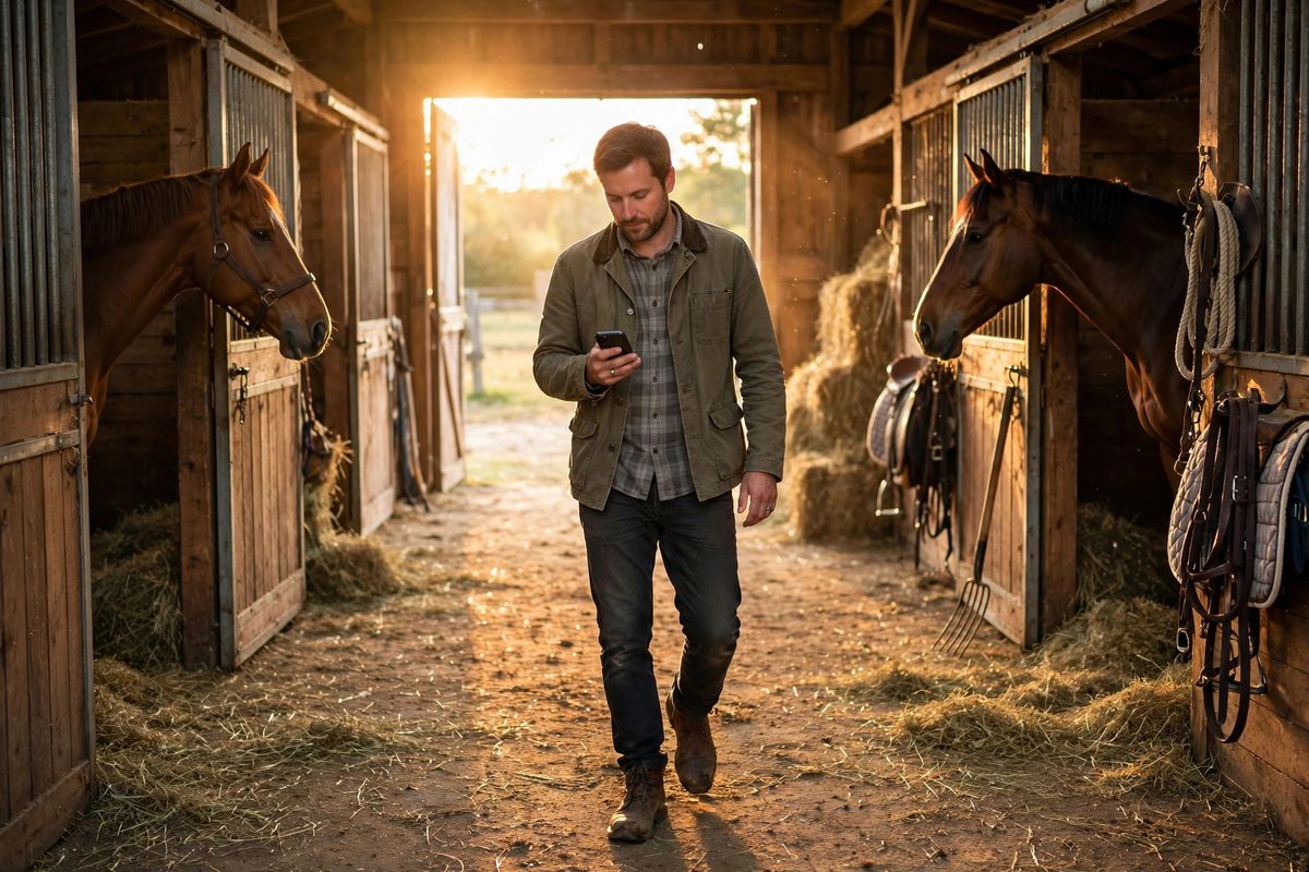 Barn manager checking a phone while walking down a sunlit barn aisle