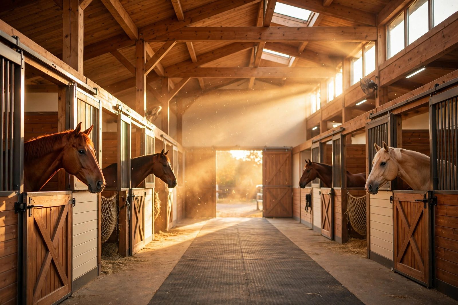 Sunlit barn aisle with horses looking out of their stalls