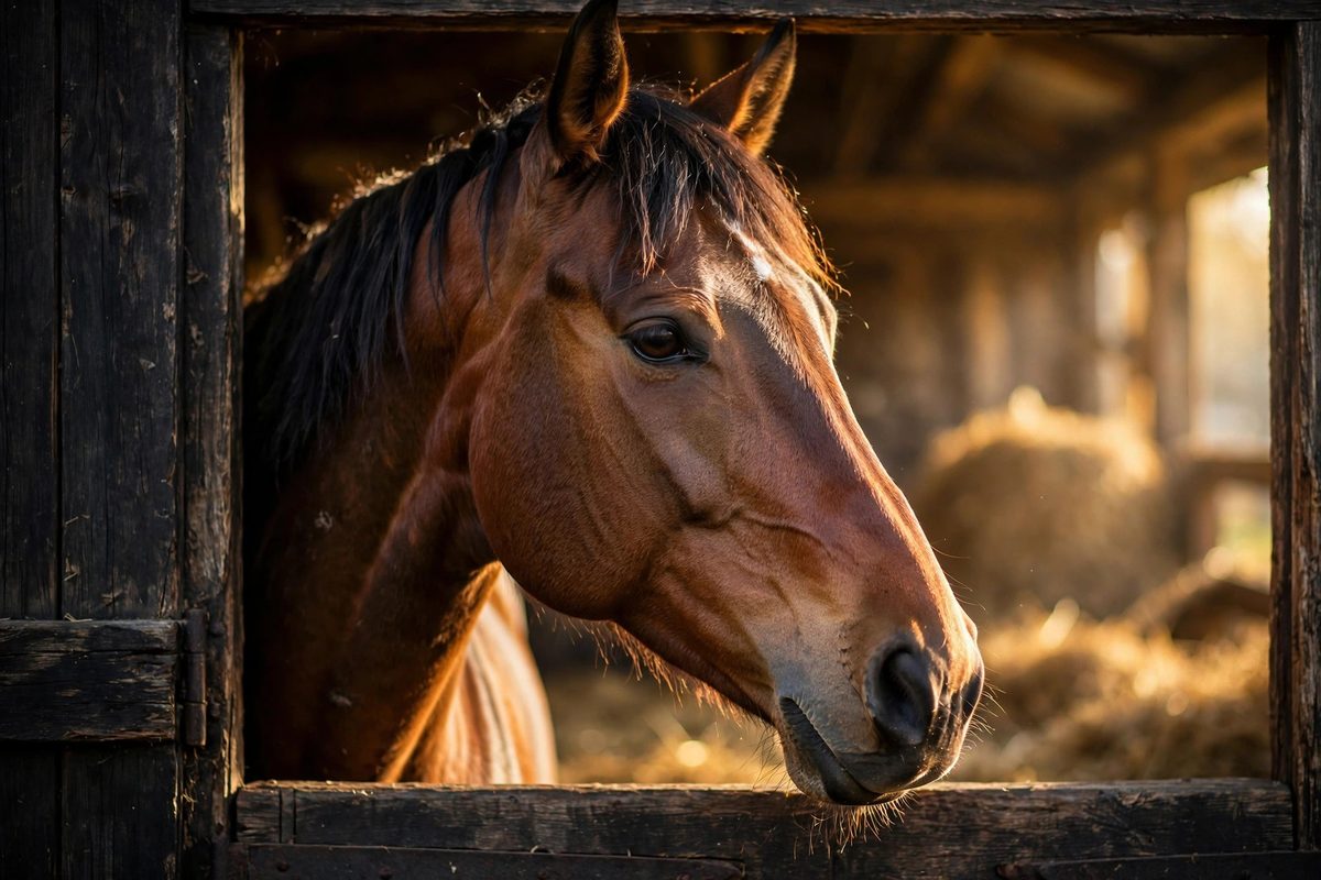 A bay horse looking out of its stall in warm morning light